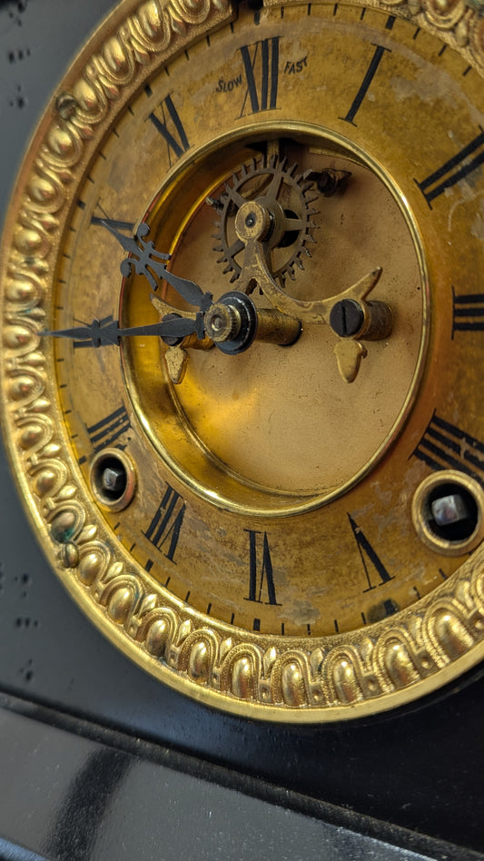 Antique American Marble Mantle Clock with Open Escapement – 8-Day Movement