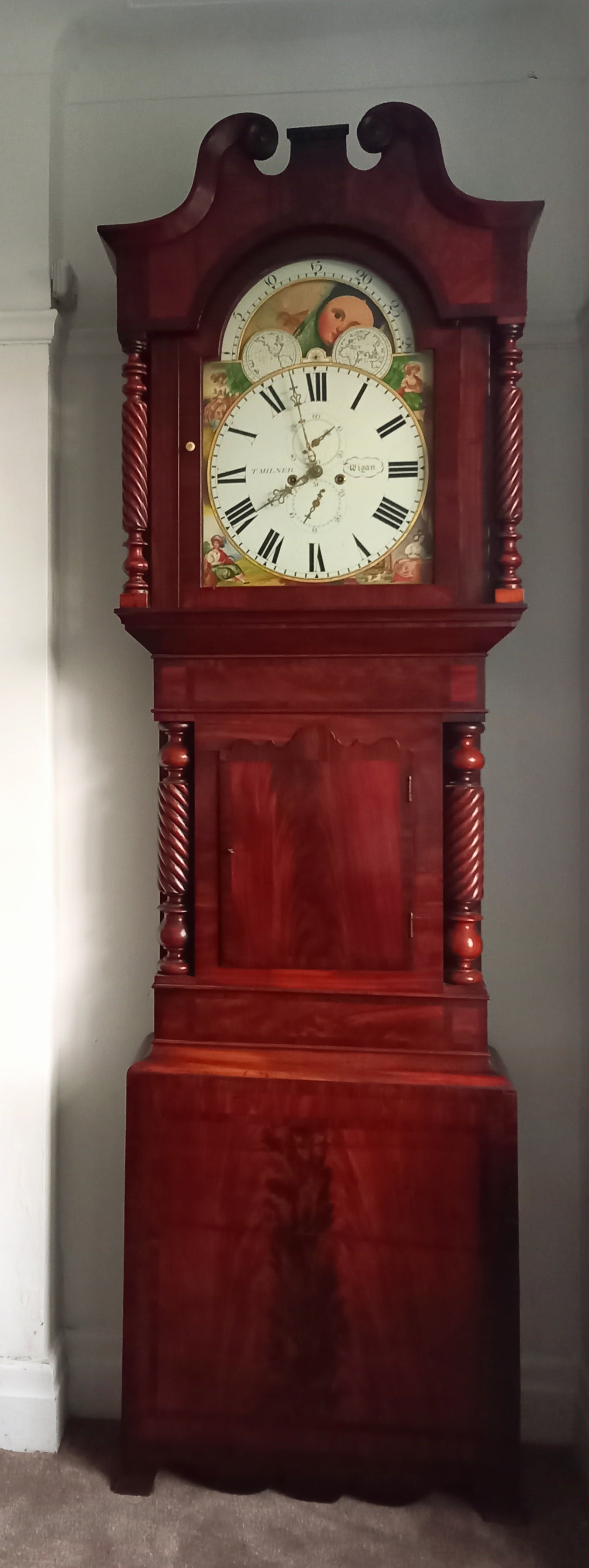 Antique 8-Day Flame Mahogany Longcase Clock with Rolling Moon Dial (94")