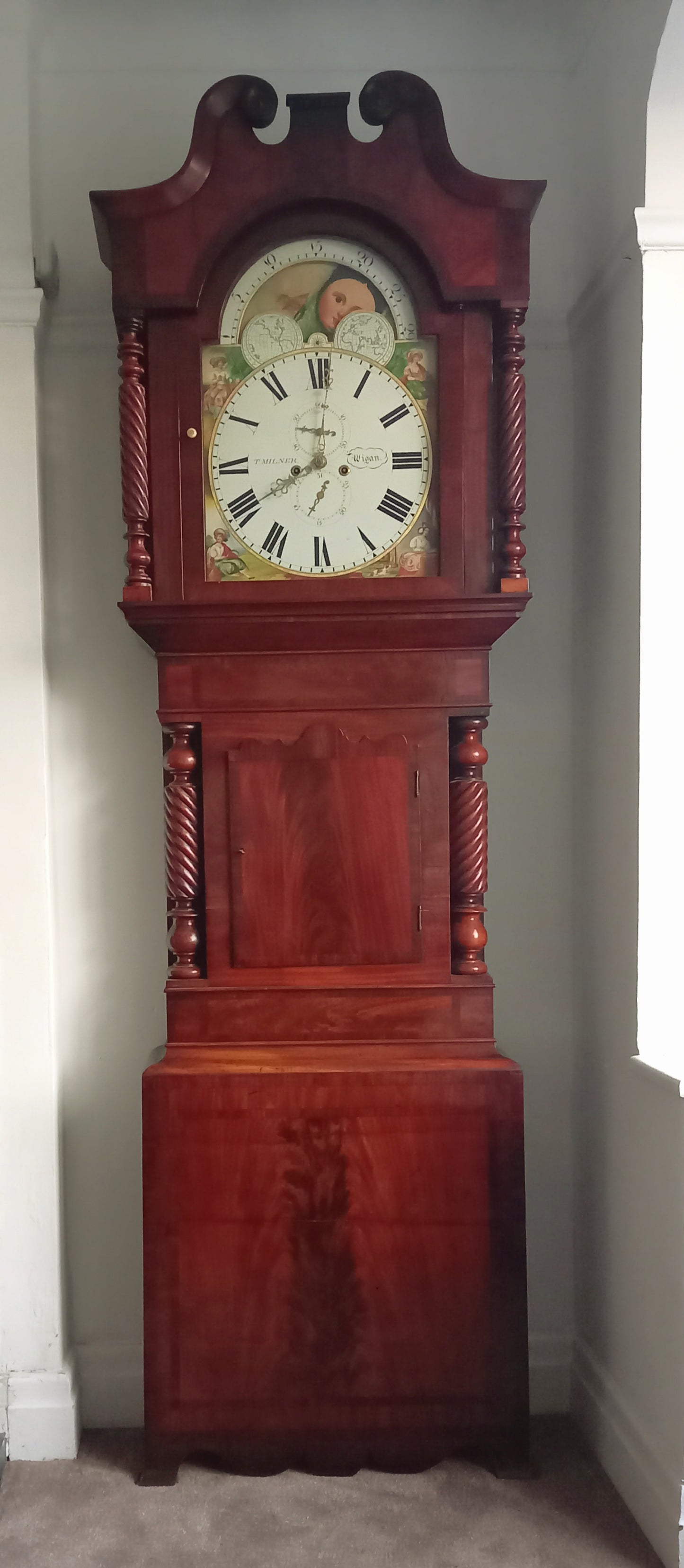 Antique 8-Day Flame Mahogany Longcase Clock with Rolling Moon Dial (94")