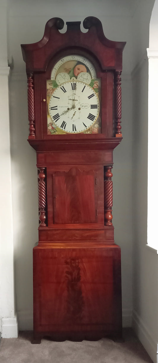 Antique 8-Day Flame Mahogany Longcase Clock with Rolling Moon Dial (94")