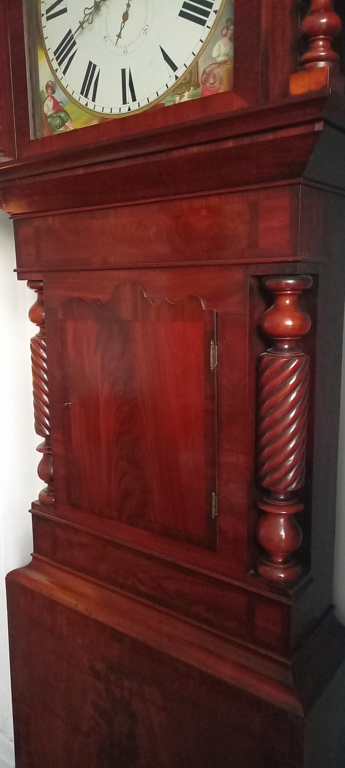 Antique 8-Day Flame Mahogany Longcase Clock with Rolling Moon Dial (94")