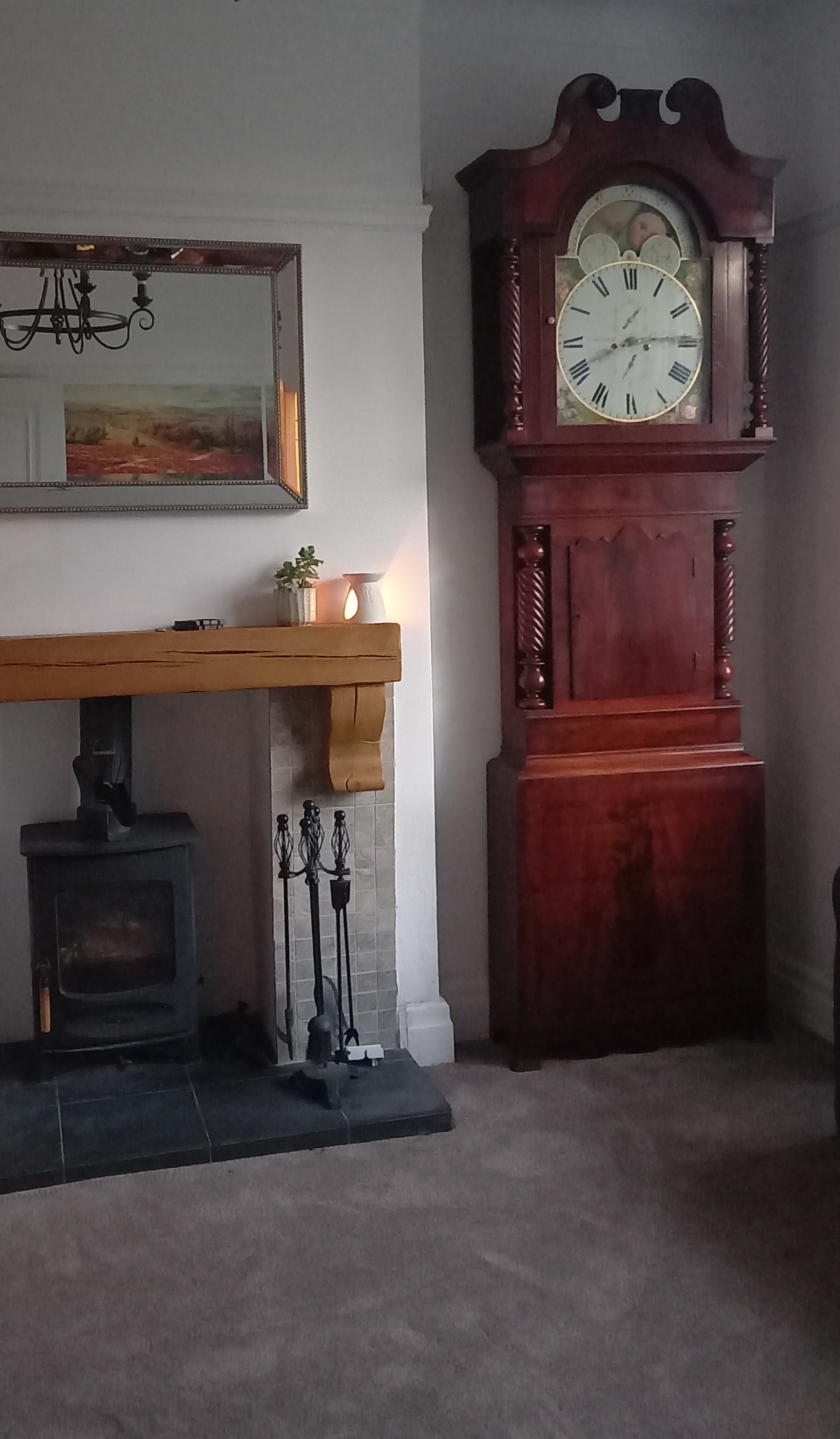 SH Flame Mahogany Grandfather Clock, WIGAN Painted Dial