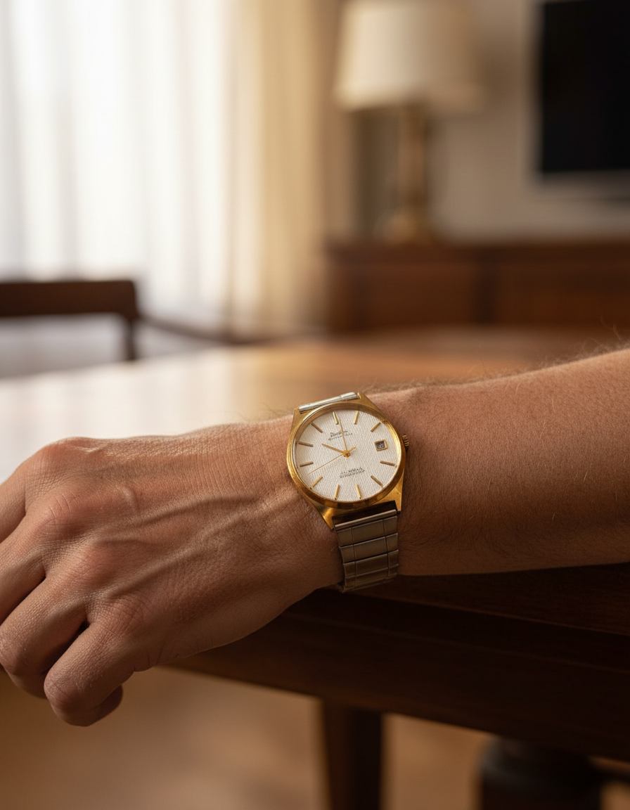 A vintage Bentima gents watch with a gold-colored casing and a silver-colored dial, displayed on a cream-colored surface.