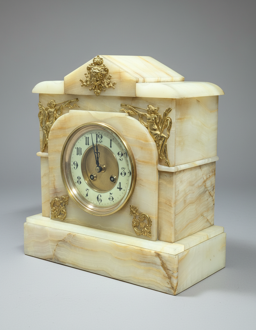 SH White Marble Strike Mantle Clock