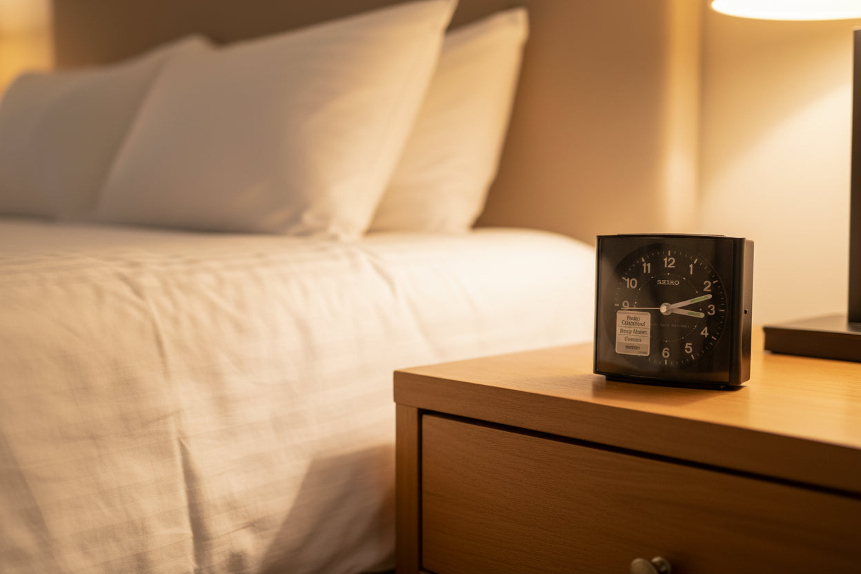 Black clock on a metallic surface with a white background