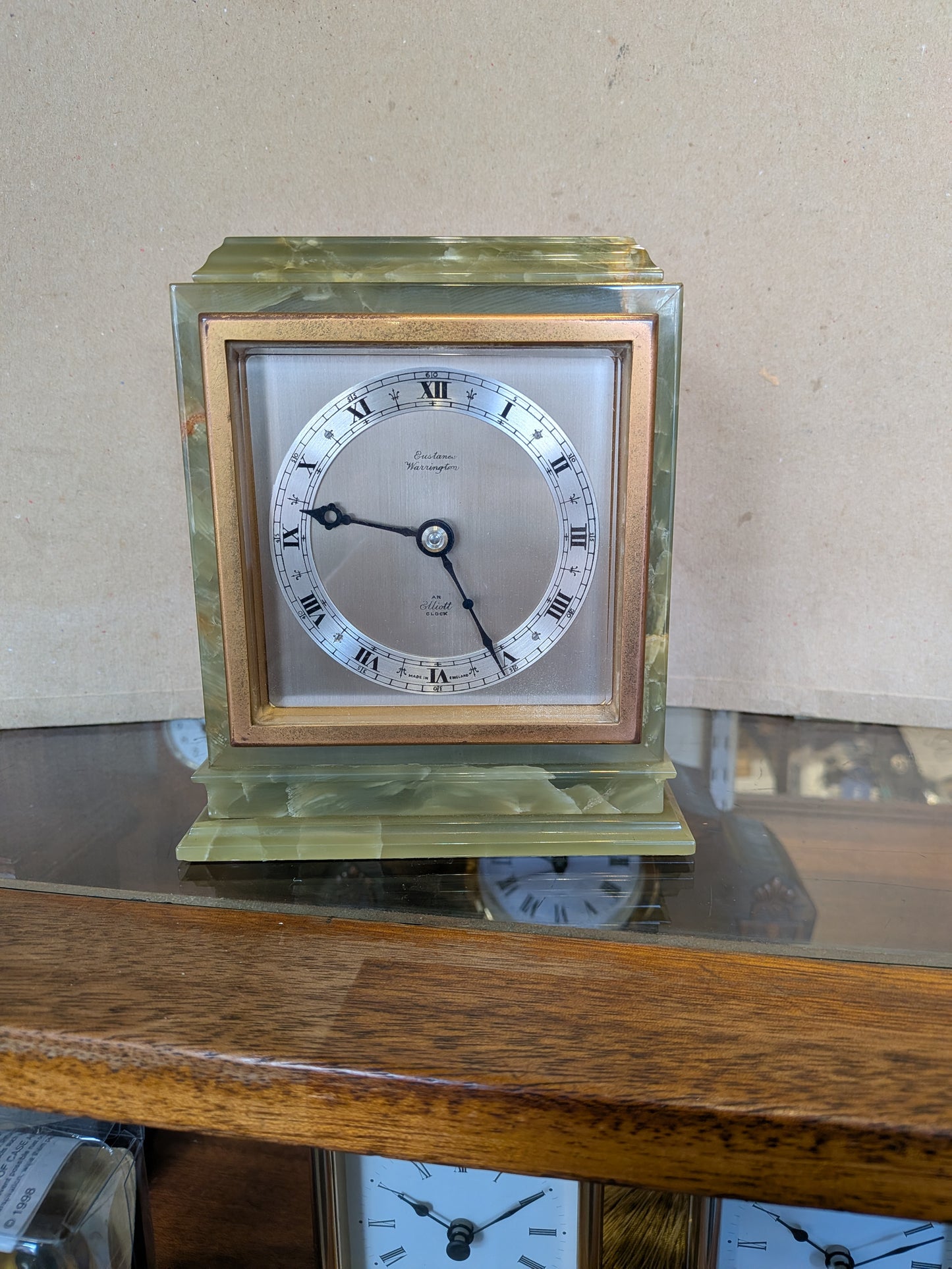 Elliott of London Green Marble & Onyx Mechanical Mantel Clock (Eustance, Warrington) – c.1960s