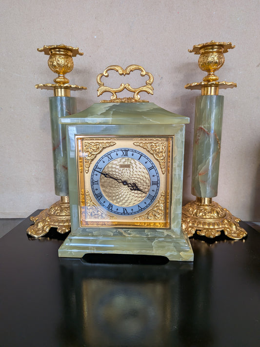 Vintage Green Onyx Clock & Candlesticks Garniture Set | Imhof Swiss Movement