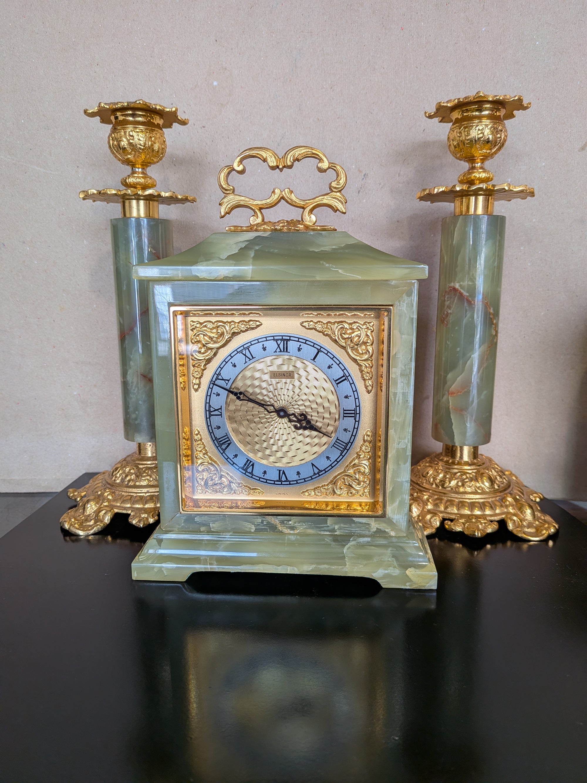 Vintage Green Onyx Clock &amp; Candlesticks Garniture Set | Imhof Swiss Movement