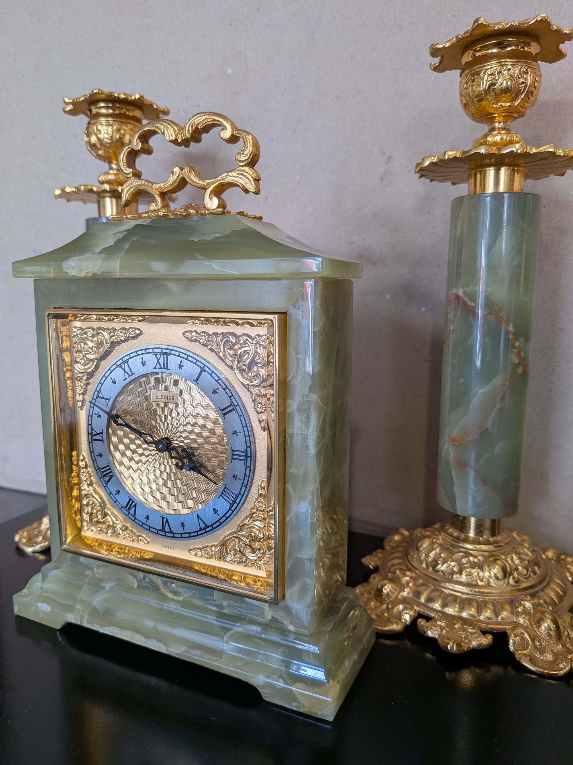 Vintage Green Onyx Clock &amp; Candlesticks Garniture Set | Imhof Swiss Movement