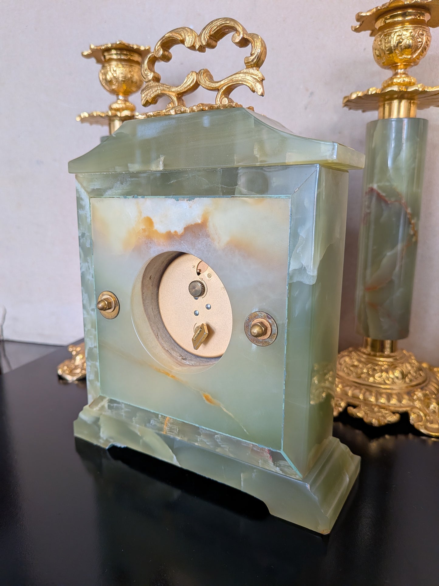 Vintage Green Onyx Clock & Candlesticks Garniture Set | Imhof Swiss Movement