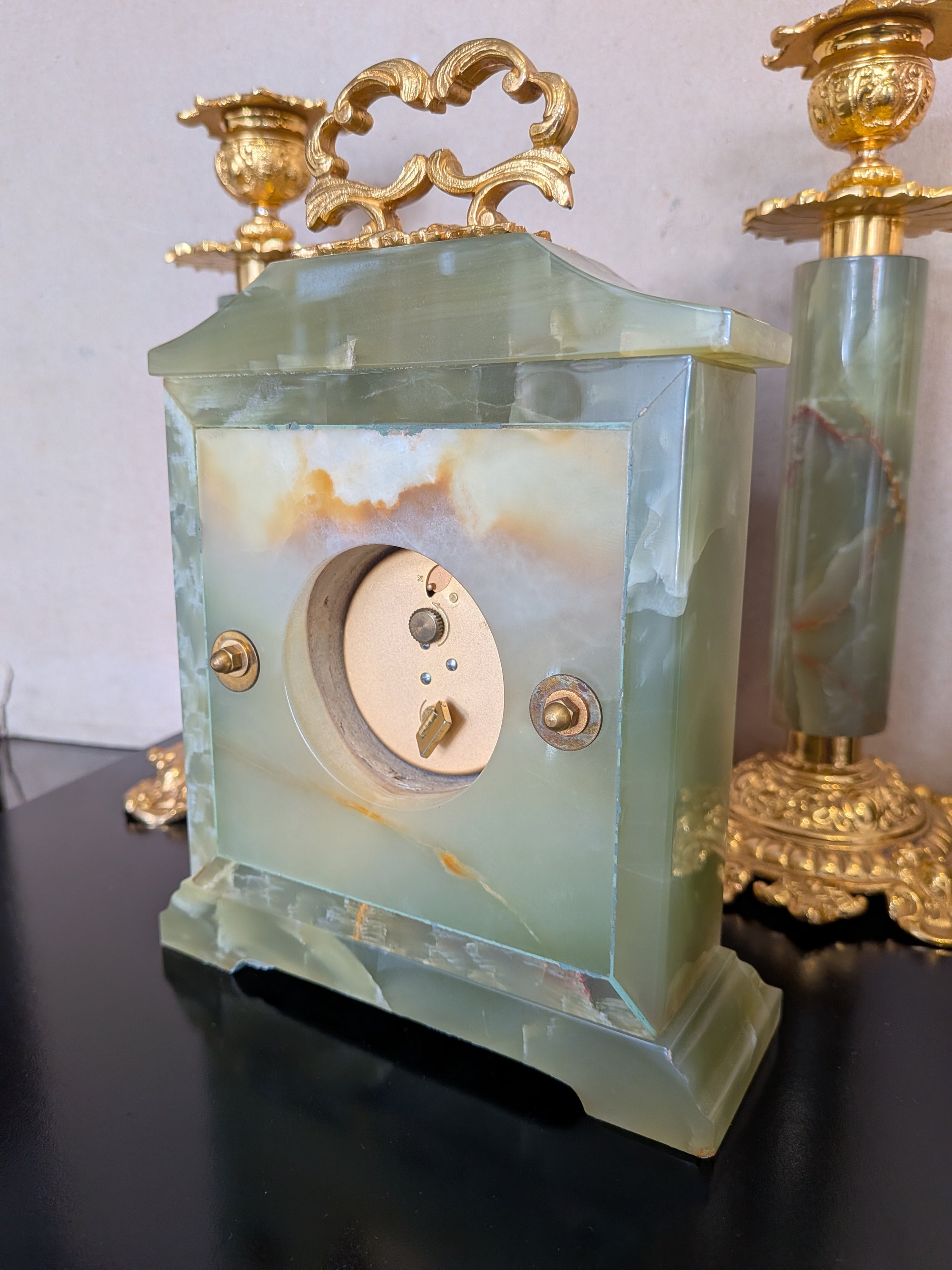 Vintage Green Onyx Clock &amp; Candlesticks Garniture Set | Imhof Swiss Movement