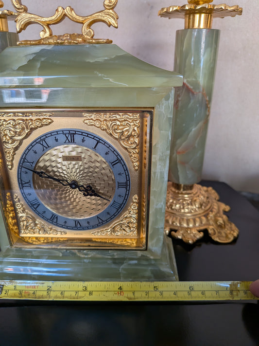 Vintage Green Onyx Clock & Candlesticks Garniture Set | Imhof Swiss Movement