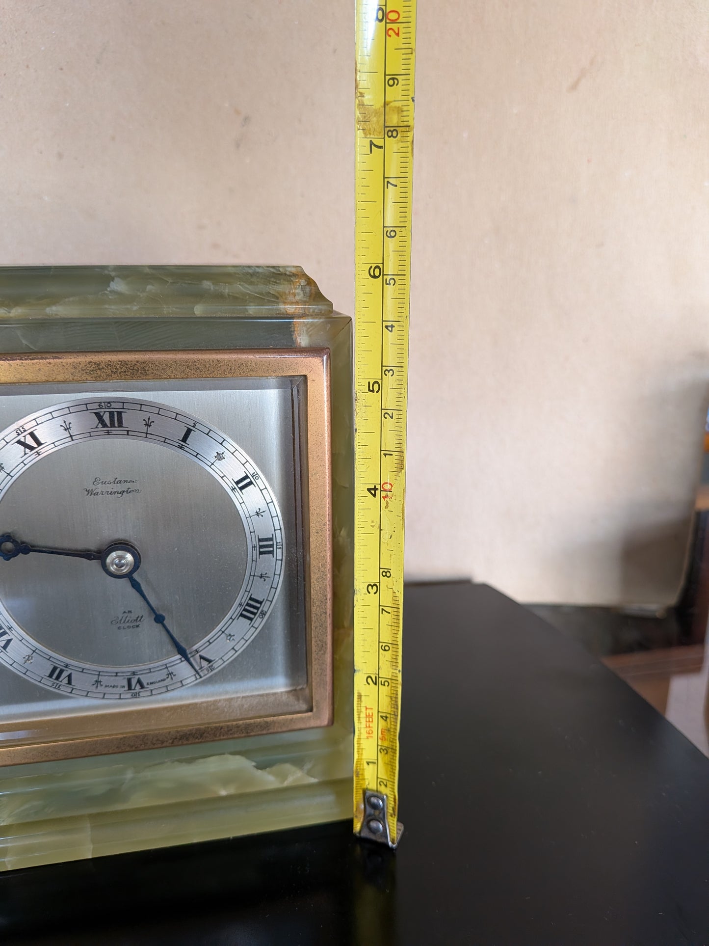 Elliott of London Green Marble & Onyx Mechanical Mantel Clock (Eustance, Warrington) – c.1960s