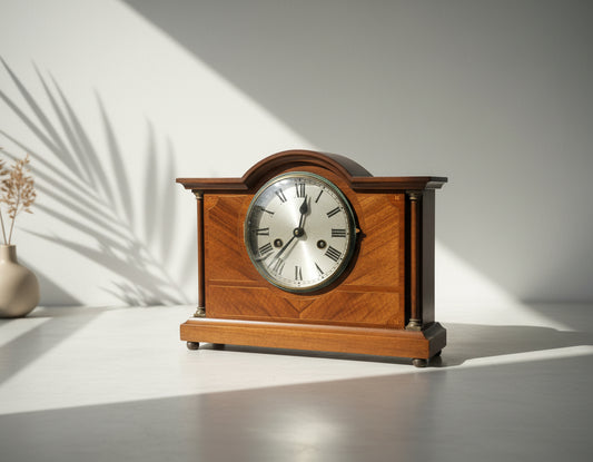 A traditional analog mantle clock with a mahogany case, featuring Roman numerals on the clock face and a wooden shelf base.