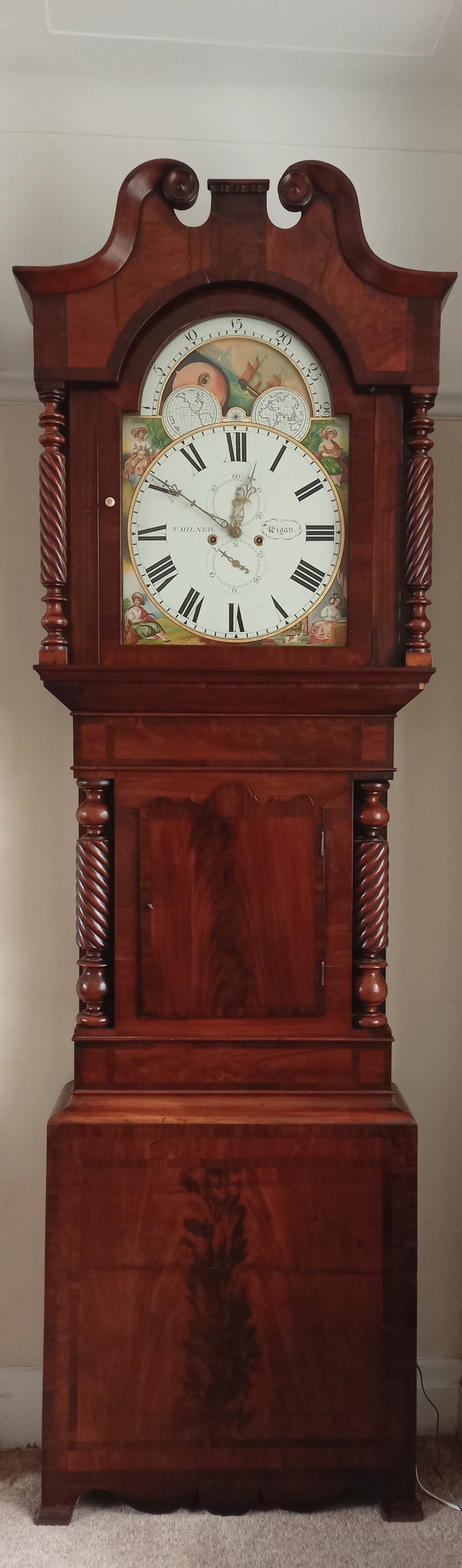 SH Flame Mahogany Grandfather Clock, WIGAN Painted Dial