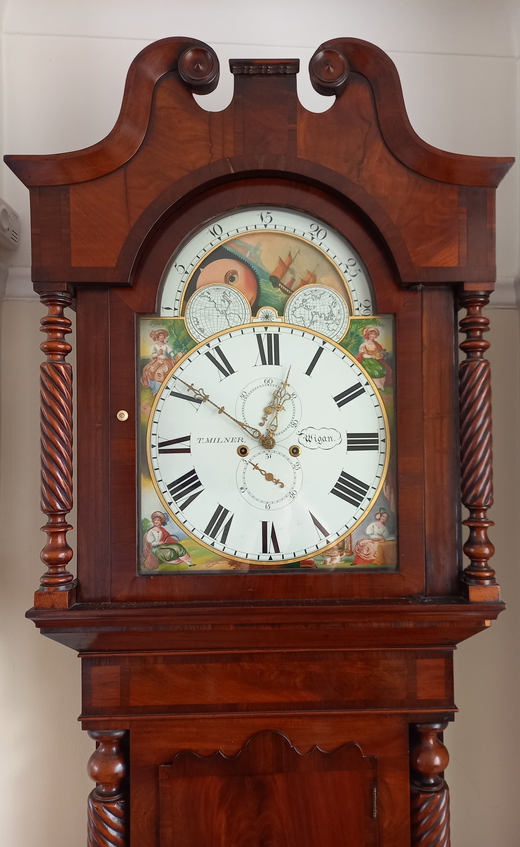 SH Flame Mahogany Grandfather Clock, WIGAN Painted Dial