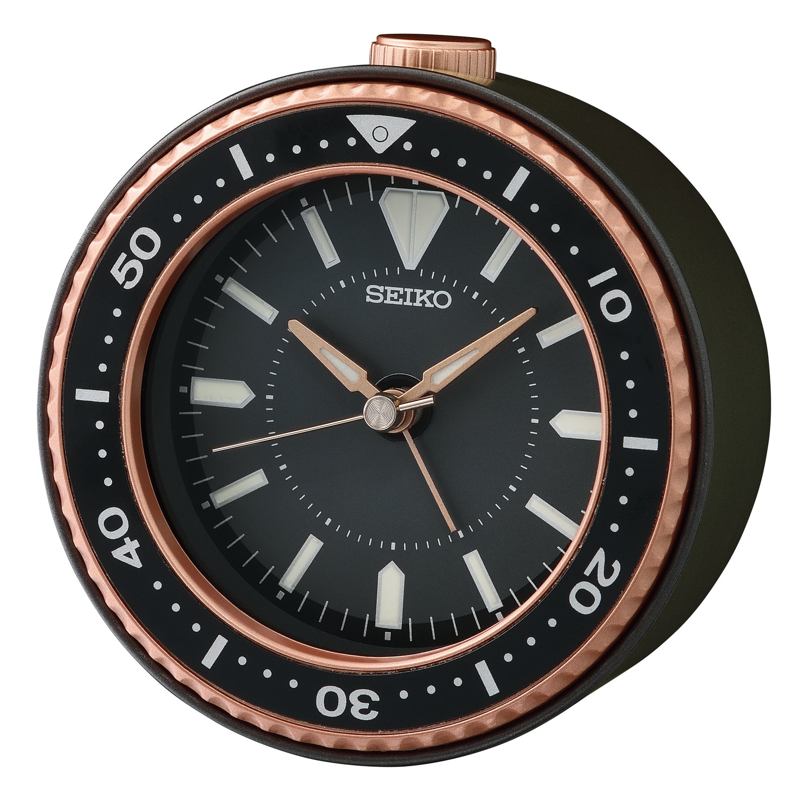 Seiko Black/Rose Gold Bedside Clock, Beep alarm/snooze/LED